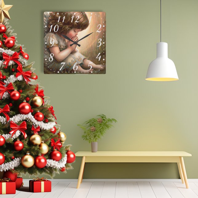 Horloge Carrée Petite Fille Ange Priant Lumière Radieuse Halo (Créateur téléchargé)