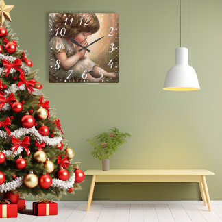 Horloge Carrée Petite fille priant Ange Lumière radieuse Halo