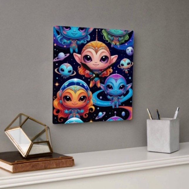 Horloge Carrée Petits Aliens Multi-Couleurs dans l'Espace (Wall Clock backside hanging slot  non-ticking design. 2 sizes: 8" diameter or 10.75" diameter.
)