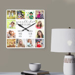 Horloge Carrée Petits-enfants font la vie Grand Citation 12 Photo<br><div class="desc">Horloge photo pour grands-parents avec 12 de vos photos préférées. Créez votre propre collage photo de style grille et ajoutez les noms des petits-enfants (2 à 8 noms semble mieux). La citation dit "petits-enfants rendent la vie grandiose" et se termine avec un coeur d'amour. Le design est écrit en typographie...</div>