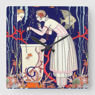 HORLOGE CARRÉE PETITS POISSONS RENVERSANTS, MONOGRAMME DE MODE DE