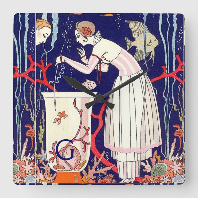 HORLOGE CARRÉE PETITS POISSONS RENVERSANTS, MONOGRAMME DE MODE DE (Recto)