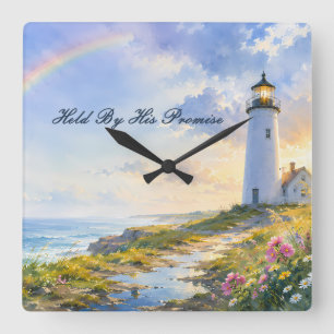 Horloge Carrée Phare Arc-en-Ciel Aquarelle Côtière