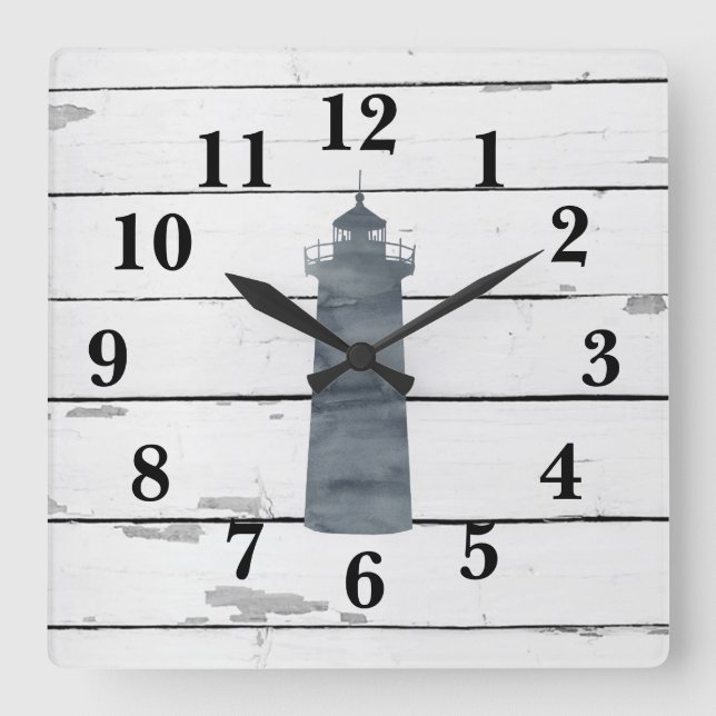 Horloge Carrée Phare bleu marine Décor rustique (Recto)