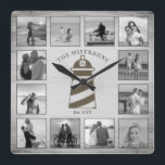 Horloge Carrée Phare nautique Bois rustique Noir Blanc Photos<br><div class="desc">Ce phare nautique design dispose d'un arrière - plan en bois gris patiné avec espace pour 12 photos, toutes en noir et blanc ! Cliquez sur le bouton personnaliser pour plus de flexibilité dans la modification/ajout de texte et d'éléments de conception ! Des variantes de cette conception ainsi que des...</div>