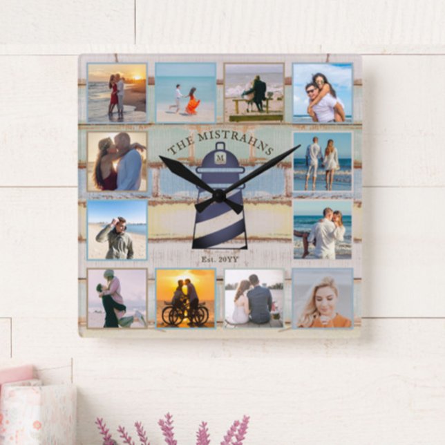 Horloge Carrée Phare nautique Bois Vintage 12-photo Collage (Créateur téléchargé)