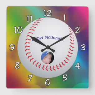 Horloge Carrée Photo Arrière - plan multicolore de baseball Perso