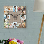 Horloge Carrée Photo Collage 16 Photo Bois rustique numéroté<br><div class="desc">Photo wall clock with 16 of your favorite. The design has a rustic brown look background and stylish clock face with numbers modernes. The Photo template is ready for you to upload your photographies, which are displayed in 2x portrait, 2x landscape and 12x square / instagram picture format. Please browse...</div>