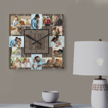 Horloge Carrée Photo Collage 16 Picture Brown Wood Numbered<br><div class="desc">Photo wall clock with 16 of your favorite. The design has a rustic brown look background and stylish clock face with numbers modernes. The Photo template is ready for you to upload your photographies, which are displayed in 2x portrait, 2x landscape and 12x square / instagram picture format. Please browse...</div>