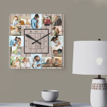 Horloge Carrée Photo Collage 16 Picture Light Wood Numbered<br><div class="desc">Photo wall clock with 16 of your favorite photos. The design has a rustic light brown wood look background and stylish clock face with modern numbers. The photo template is ready for you to upload your photos, which are displayed in 2x portrait, 2x landscape and 12x square / instagram picture...</div>
