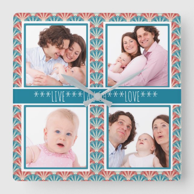 Horloge Carrée Photo Collage avec Fan Pattern Decorative (Recto)