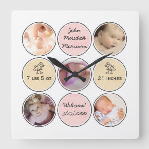 Horloge Carrée Photo Collage Baby Girl Nom, birth stats and duck