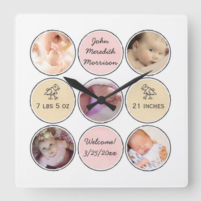 Horloge Carrée Photo Collage Baby Girl Nom, birth stats and duck (Recto)