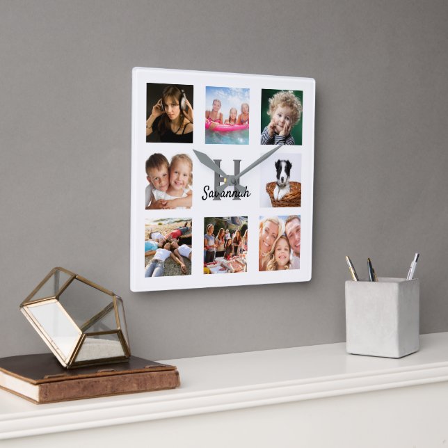 Horloge Carrée Photo collage monogram white family (Bureau)