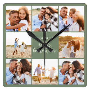 Horloge Carrée Photo collage sage vert poule moderne mère jour