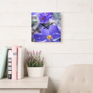 Horloge Carrée Photo Crocus Purple Flowers