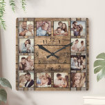 Horloge Carrée Photo Custom Collage Family Rustic Wooden Barl<br><div class="desc">Easily personalize this rustic wooden background wall clock with your custom The template uses a photo filtre to create a more coordinated look. Pour les meilleurs résultats,  crop the images to square - with the focus point in the center - before uploading.</div>