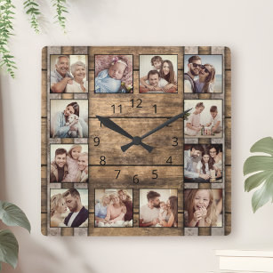 Horloge Carrée Photo Custom Collage Family Rustic Wooden Barl