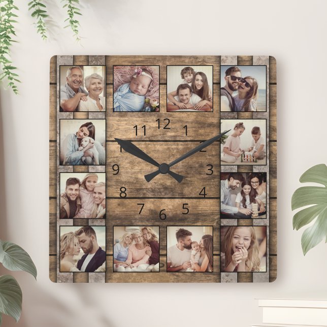 Horloge Carrée Photo Custom Collage Family Rustic Wooden Barl (Créateur téléchargé)