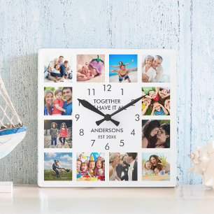 Horloge Carrée Photo Custom Family Collage Personnalité de White