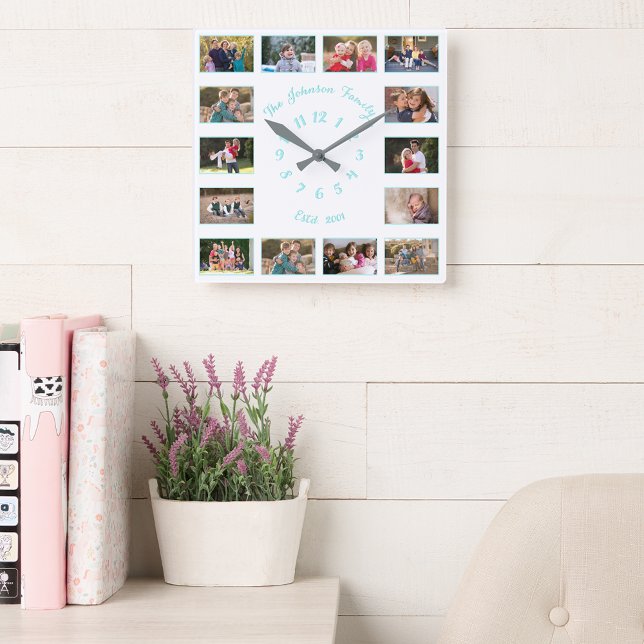 Horloge Carrée Photo de collage (Create Custom White Teal Family Baby Photo Collage Square Wall Clock)