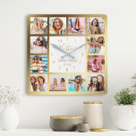 Horloge Carrée Photo de Collage Besties Gold White<br><div class="desc">Faites de cette horloge murale élégante en blanc et doré de collage photo design unique avec 12 de vos photos préférées avec votre meilleur(s) ami(s). Le design comprend également un script "Besties" écrit à la main,  vos noms et la date que vous avez rencontrée.</div>