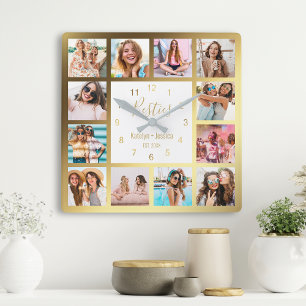 Horloge Carrée Photo de Collage Besties Gold White