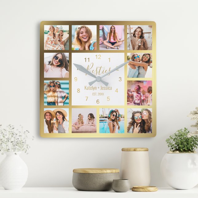 Horloge Carrée Photo de Collage Besties Gold White (Créateur téléchargé)