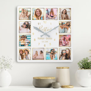 Horloge Carrée Photo de Collage Besties Gold White