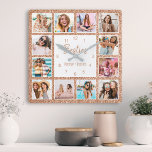 Horloge Carrée Photo de Custom Collage Besties Rose Gold Glitter<br><div class="desc">Faites de cette horloge murale élégante en or blanc et rose couleur parties scintillant photo collage unique avec 12 de vos photos préférées avec votre meilleur(s) ami(s). Le design comprend également un script "Besties" écrit à la main et vos noms.</div>