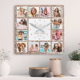 Horloge Carrée Photo de Custom Collage Besties Rose Gold Glitter