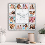 Horloge Carrée Photo de Custom Collage Besties Silver Glitter<br><div class="desc">Make this trendy elegant white and silver faux photo collage wall clock unique with 12 of your favorite photos with your best friend(s). Les objets de design ont donc été modernes avec des script and your names.</div>