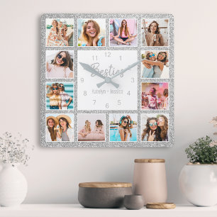 Horloge Carrée Photo de Custom Collage Besties Silver Glitter