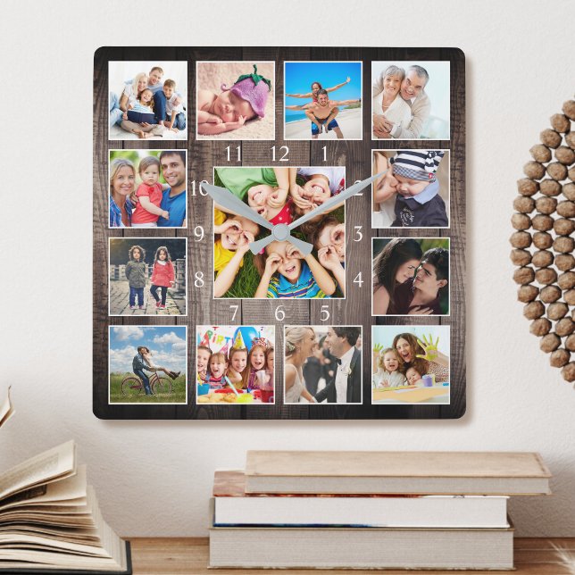Horloge Carrée Photo de Custom Collage Rustic Farmhouse Family Ba (Créateur téléchargé)