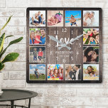 Horloge Carrée Photo de Custom Collage Rustic Farmhouse Love Fami<br><div class="desc">Créez votre propre horloge murale 12 photo Instagram photo collage personnalisé avec vos images personnalisées sur un arrière - plan rustique en planches de bois style ferme. Le visage de l'horloge comporte également votre nom de famille, année établie et une écriture manuscrite "Amour". Ajoutez vos photos, designs ou oeuvres d'art...</div>