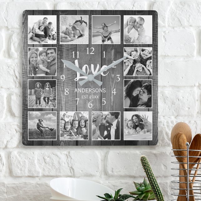Horloge Carrée Photo de Custom Collage Rustic Farmhouse Love Fami (Créateur téléchargé)