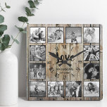 Horloge Carrée Photo de Custom Collage Rustic Farmhouse Love Fami<br><div class="desc">Create your own personalized 12 photo collage, roman number wall clock with your custom images on a rustic farmhouse style wooden plank background The clock face feh your family name, established year and a "Love" handwritten script. Add your favorite photos, designs or artworks to create something really unique. To edit...</div>