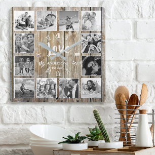 Horloge Carrée Photo de Custom Collage Rustic Farmhouse Love Fami