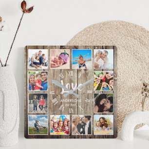 Horloge Carrée Photo de Custom Collage Rustic Farmhouse Love Fami