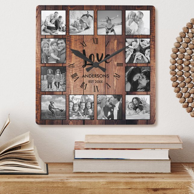 Horloge Carrée Photo de Custom Collage Rustic Farmhouse Love Fami (Créateur téléchargé)