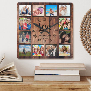 Horloge Carrée Photo de Custom Collage Rustic Farmhouse Love Fami