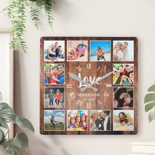 Horloge Carrée Photo de Custom Collage Rustic Farmhouse Love Fami