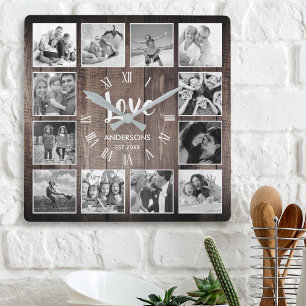 Horloge Carrée Photo de Custom Collage Rustic Farmhouse Love Fami