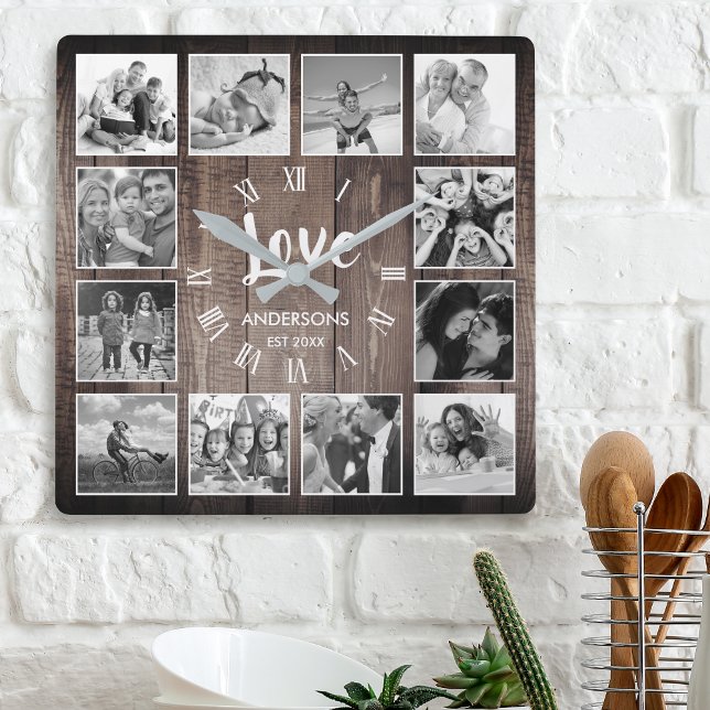Horloge Carrée Photo de Custom Collage Rustic Farmhouse Love Fami (Créateur téléchargé)