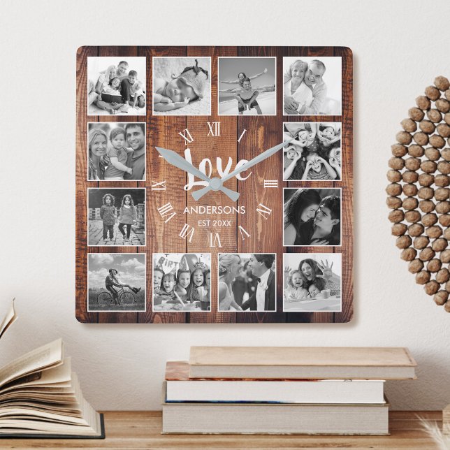 Horloge Carrée Photo de Custom Collage Rustic Farmhouse Love Fami (Créateur téléchargé)