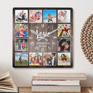 Horloge Carrée Photo de Custom Collage Rustic Farmhouse Love Fami