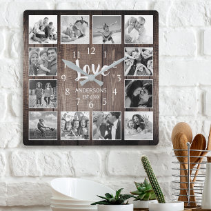 Horloge Carrée Photo de Custom Collage Rustic Farmhouse Love Fami