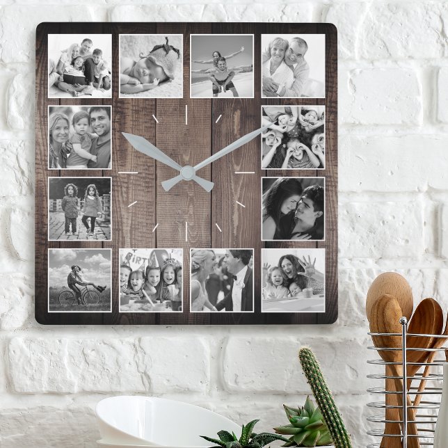 Horloge Carrée Photo de Custom Collage Rustic Farmhouse Script (Créateur téléchargé)
