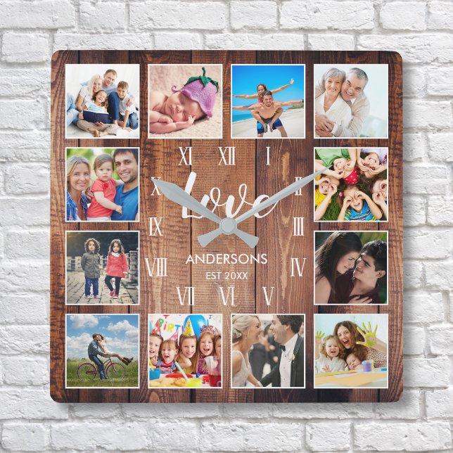 Horloge Carrée Photo de Custom Family Rustic Farmhouse Love Scrip (Créateur téléchargé)