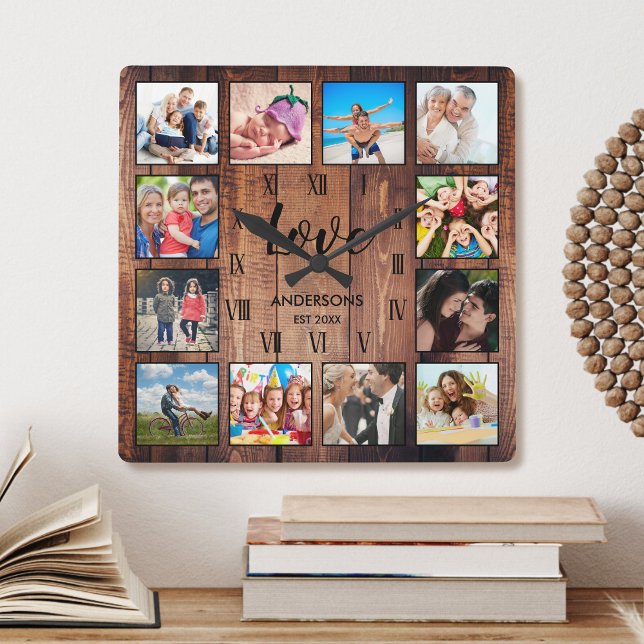Horloge Carrée Photo de Custom Family Rustic Farmhouse Love Scrip (Créateur téléchargé)